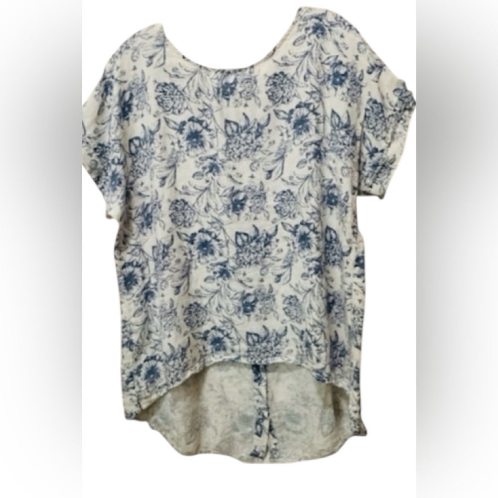 Terzo Millennio Top Women L Cream Blue Bloom Linen Blouse Lagenlook Resort